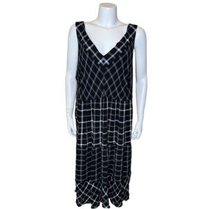 J Jill Plaid Midi Dress 4X V-Neck Tiered Boho Black White